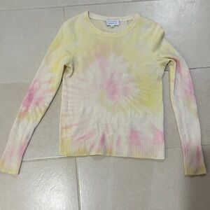 White + Warren Cashmere Tie Dye Essential Crewneck Sweater Yellow Pink XS FLAWED